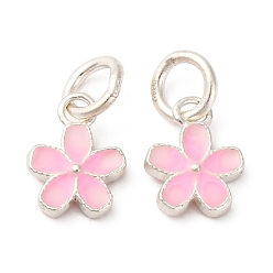 Серебро Изящные серебряные перламутровые розовые эмалевые цветочные подвески, с перемычками и 999 штампом, серебряные, 9x7x2 мм, отверстие : 3 мм