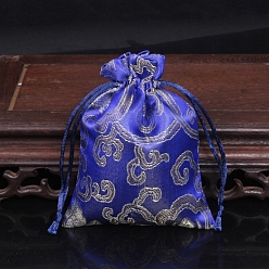 Blue Chinese Style Rectangle Satin Cloth Flower Printed Drawstring Gift Bags, Storage Bags, Blue, 12x9cm