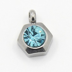 Аквамарин 201 нержавеющая сталь горный хрусталь шестиугольник очарование подвески, класс А, граненые, аквамарин, 9x7x4 мм, отверстие : 1 мм