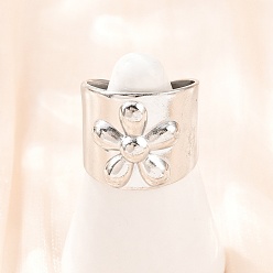 Нержавеющая Сталь Цвет 304 Открытые кольца-манжеты из нержавеющей стали с широким ободком для женщин, цветок, цвет нержавеющей стали, 17.5 мм, внутренний диаметр: 18 мм