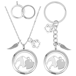 Нержавеющая Сталь Цвет 304 комплекты ожерелий и брошей из нержавеющей стали, с подвесками-медальонами из сплава и нержавеющей стали и железными кольцами, цвет нержавеющей стали, брошь: 304мм; ожерелья: 91мм