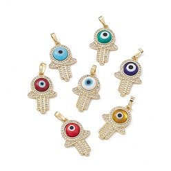 Mixed Color Rack Plating Eco-friendly Brass Micro Pave Clear Cubic Zirconia Pendants, with Handmade Evil Eye Lampwork, Long-Lasting Plated, Cadmium Free & Lead Free, Real 18K Gold Plated, Hamsa Hand Charm, Mixed Color, 25x16x4.5mm, Hole: 4.5x7mm