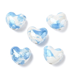 Светло-Голубой Фарфоровые бусины ручной работы, жемчужные, сердце, Небесно-голубой, 14x16x10 мм, отверстие : 2 мм