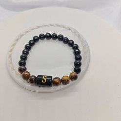 Letter S Браслеты из натурального тигрового глаза и черного обсидиана с круглыми бусинами, колонка с буквой украшения для женщин мужчин, Письмо с, 7-1/8 дюйм (18 см)