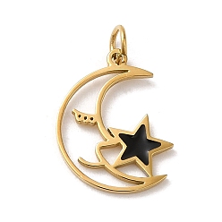 Black 304 Stainless Steel Charms, with Enamel and Jump Ring, Real 14K Gold Plated, Moon with Star Charm, Black, 15x12x0.9mm, Hole: 2.6mm