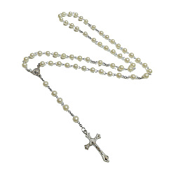 Платина Подвеска в виде креста Девы Марии из сплава, круглые белые четки из АБС-пластика с имитацией жемчуга, платина, 29.13 дюйм (74 см)