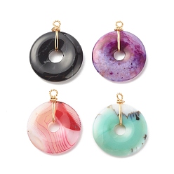 Mixed Color Natural Striped Agate/Banded Agate Pendants, with Real 18K Gold Plated Copper Wire Wrapped, Dyed, Donut, Mixed Color, 35.5x30x4.5mm, Hole: 2.6mm