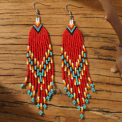 Красный Богемный стеклянный бисер ручной работы серьги-подвески в форме стрелы и кисточки, золотые, красные, 120x23 мм