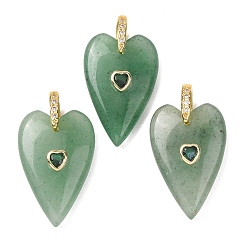 Green Aventurine Natural Green Aventurine Pendants, Heart, Golden, 30x20x9~9.5mm, Hole: 6x6.5mm