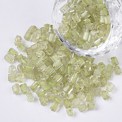 Yellow Green 6/0 Two Cut Glass Seed Beads, Hexagon, Transparent Inside Colours Rainbow, Yellow Green, 3.5~5x3.5~4mm, Hole: 1mm, about 4500pcs/bag