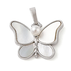 Platinum Brass Pave Shell Pendants, Butterfly Charms with ABS Imitation Pearl & Snap on Bails, Platinum, 15.5x20.5x6.5mm, Hole: 6x3.5mm