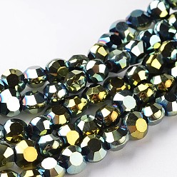 Зеленое Покрытие Гальванические стеклянные бусины, полное покрытие, плоско-круглые, граненые, зеленый покрытием, 5~6x4 мм, отверстие : 1 мм, около 72 шт / нитка, 15 дюйм