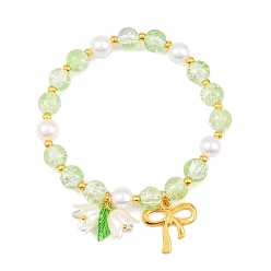 Бледно-Зеленый Браслеты из искусственного жемчужного стекла и акриловых круглых эластичных бусин, с подвесками-бантиками из сплава, бледно-зеленый, внутренний диаметр: 2 дюйм (5 см)
