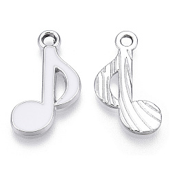 White Alloy Pendants, with Enamel, Musical Note, Platinum, White, 20x12x2mm, Hole: 1.8mm