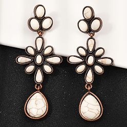 Красная Медь Серьги-гвоздики из сплава синтетической бирюзы, цветок с каплей, Красная медь, 81.5x31 мм