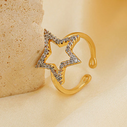 Золотой Элегантные полые звездочки латунные манжеты с микропаве из кубического циркония для женщин, золотые, 21x17 мм, внутренний диаметр: 17 мм