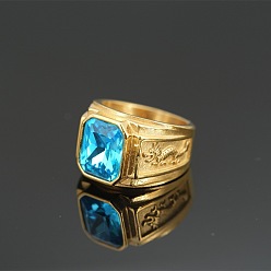 Голубой 304 Кольца для мужчин из нержавеющей стали с кубическим цирконием и узором в виде дракона, прямоугольные, голубой, размер США 7 (17.3 мм)