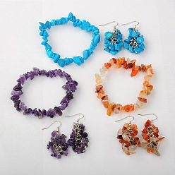Mixed Stone Gemstone Jewelry Sets: Earrings & Bracelets, with Brass Earrings Hooks, Platinum, Natural & Synthetic Mixed Stone, 50mm, 53mm