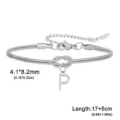 Letter P 304 Браслеты с подвесками в виде инициалов из нержавеющей стали, браслеты из змеиной цепи для женщин, цвет нержавеющей стали, Письмо P, 6.69 дюйм (17 см)