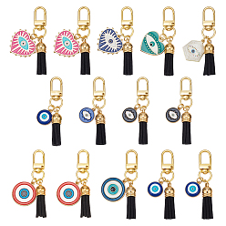 Couleur Mélangete 11 Pendentifs décoratifs en alliage émaillé et en faux daim à thème mauvais œil, coeur et plat rond, fermoirs alliage pivotantes, couleur mixte, 69mm