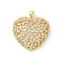 Настоящее золото 18K Латунные микропаве прозрачные подвески с фианитом, сердце, без свинца и без кадмия, долговечный, стойки покрытие, реальный 18 k позолоченный, 28.5x30.5x7.5 мм, отверстие : 6x3.5 мм
