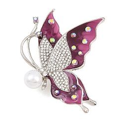 Orquídea Oscura Alfileres de esmalte, Broches de solapa de aleación con diamantes de imitación para ropa, mariposa, Platino, con perlas de plástico, orquídea oscura, 62x52 mm