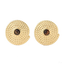 Tiger Eye Natural Tiger Eye & 304 Stainless Steel Rope Disc Stud Earrings for Women, Golden, 22x21.5mm