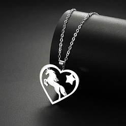 Нержавеющая Сталь Цвет 304 ожерелье из нержавеющей стали с подвеской в виде сердца и лошади, не тускнеет, цвет нержавеющей стали, 17.72 дюйм (45 см)