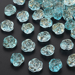 Medium Aquamarine Transparent Glass Beads, Dyed & Heated, with Gold Glitter Power, Rose, Medium Aquamarine, 12.5x14x9mm, Hole: 1.2mm