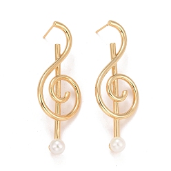 Golden Rack Plating Brass Musical Note Dangle Stud Earrings with Acrylic Pearl for Women, Cadmium Free & Nickel Free & Lead Free, Long-Lasting Plated, Golden, 54.5x20.5x7.5mm, Pin: 0.8mm