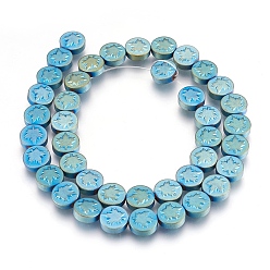 Green Plated Electroplate Non-magnetic Synthetic Hematite Bead Strands, Frosted, Flat Round with Leaf, Green Plated, 9.5~10.5x4mm, Hole: 1mm, about 41pcs/strand, 15.9 inch(40.5cm)