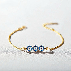 Golden Brass Micro Pave Blue Cubic Zirconia Triple Evil Eye Link Bracelets for Women, Golden, 6.30 inch(16cm)