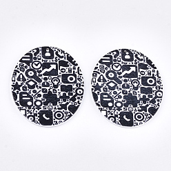 Black Printed Wooden Big Pendants, Dyed, Oval, Black, 63x50x2.5mm, Hole: 1.2mm