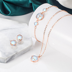 Розовое Золото Плоские круглые ожерелья с подвесками в виде оленьих рогов из латуни и натурального лунного камня, серьги-гвоздики и браслеты-кольца, розовое золото , 400мм и 170мм и 9мм