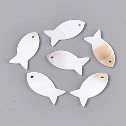 Морская Ракушка Природные подвески оболочки пресноводных, рыбы прелести, цвет морской раковины, 21.5~23x10~11x1.5~2 мм, отверстие : 1.5~1.6 мм