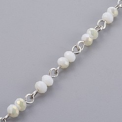 WhiteSmoke Handmade Electroplate Glass Beaded Chains, Unwelded, with Iron Eye Pin, Rondelle, WhiteSmoke, 13x4~4.5mm, 1m/strand, 39.37 inch