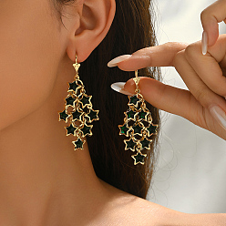 Зеленый Серьги-кольца с кисточками из латуни и стекла в форме звезд, золотые, зелёные, 69x29 мм