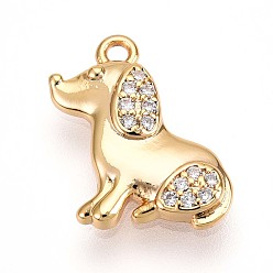 Настоящее золото 18K Латунные микропаве прозрачные подвески с фианитом, собака прелести, без кадмия, без никеля и без свинца, реальный 18 k позолоченный, 14.8x11x2.2 мм, отверстие : 1.4 мм