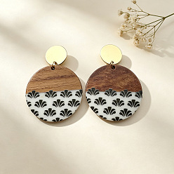 Coconut Brown Alloy Resin Stud Earrings, Flat Round, Resin & Wood Dangle Earrings for Women, Golden, Coconut Brown, 51x35mm