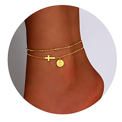 Letter C Браслеты на ногу из латуни с боковыми поперечными связями и плоскими круглыми начальными подвесками, золотые, буква С, 7-7/8 дюйм (200 мм)