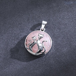 Rose Quartz Flat Round with Cat Natural Rose Quartz Pendants, with Platinum Alloy Finding, 32x22mm