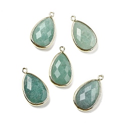 Зеленый Авантюрин Граненые подвески из натурального окрашенного зеленого авантюрина, стойки с позолоченными латунными подвесками-каплями, 21x12x6 мм, отверстие : 1.2 мм