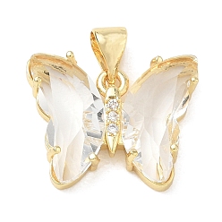 Clear Brass Micro Pave Clear Cubic Zirconia Pendants, with Glass, Butterfly Charms, Lead Free & Cadmium Free, Long-Lasting Plated, Rack Plating, Real 18K Gold Plated, Clear, 15x19x5mm, Hole: 5x3.5mm