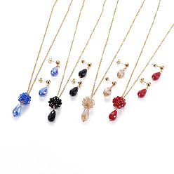 Doré  304 définit bijoux en acier inoxydable, pendentifs et boucles d'oreille, perles de verre, fleur avec larme, or, couleur mixte, 16.5~16.7 pouce (42~42.5 cm), 2mm, 28~29mm, pin: 0.8 mm