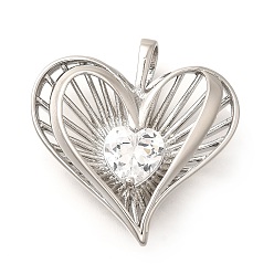 Платина Латунные микро проложить кубического циркония подвески, без кадмия и без свинца, полые прелести сердца, платина, 30x29x7.5 мм, отверстие : 4x6.5 мм