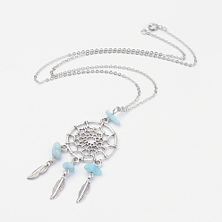 Ларимар Сплав ожерелья шкентеля, тканая сеть / паутина с пером, с натуральными ларимарами и латунной цепочкой, старинное серебро и платина, 17.9 дюйм (45.5 см)