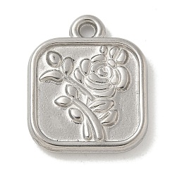 Нержавеющая Сталь Цвет Антикоррозийные 304 подвески из нержавеющей стали, квадрат с цветочным шармом, цвет нержавеющей стали, 18.5x15x2.5 мм, отверстие : 1.6 мм