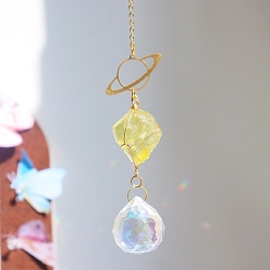 Лимонный Нефрит Стекло подвесные украшения, с металлической фурнитурой и натуральными лимонно-нефритовыми чипсами, подвесные украшения для домашней спальни, 350 мм