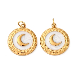 Белый 304 нержавеющей стальной эмали подвески, плоская круглая с лунным шармом, с целью перехода в кольце, ионное покрытие (ip), реальный 18 k позолоченный, белые, 16.5x14x2.5 мм, отверстие : 2.5 мм