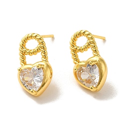 Real 18K Gold Plated Heart Brass Micro Pave Cubic Zirconia Stud Earrings, with 925 Sterling Silver Pins, Real 18K Gold Plated, 15.5x9mm